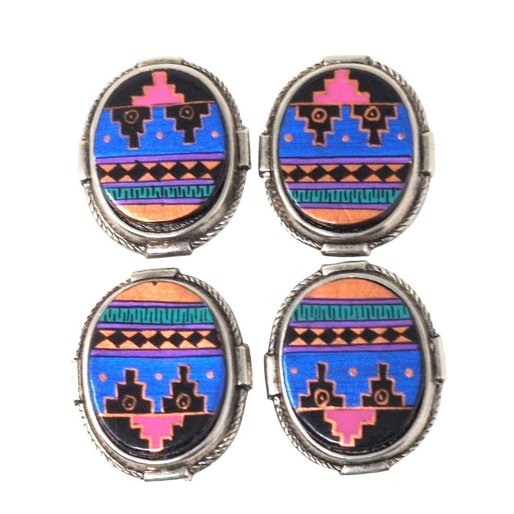 VTG Southwestern Hand Painted Button Covers Set of 4 Geometric Pueblo Design